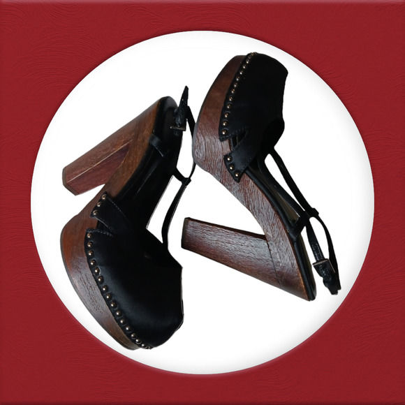 PRADA Wood Heels Black Satin Platform Closed Toe Bronze Studs Size 38.5 - Picture 1 of 14